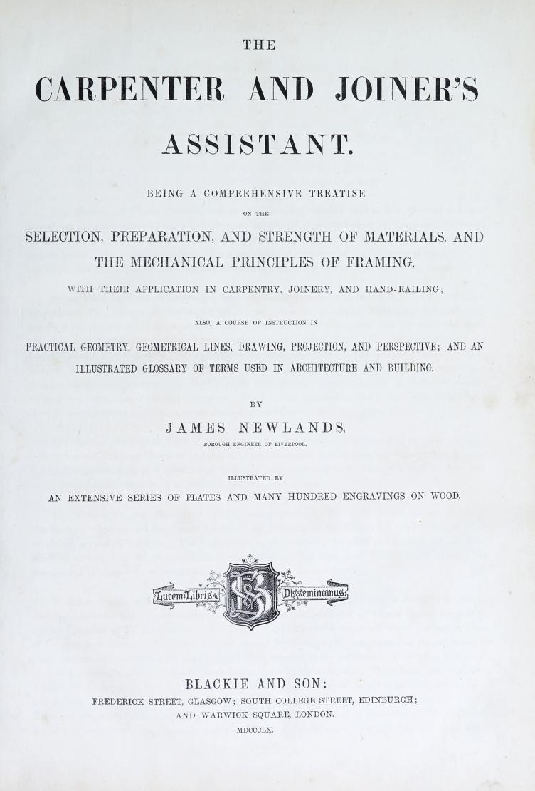 Title page of first edition of Newlands' Carpenter & Joiner's Assistant 1860