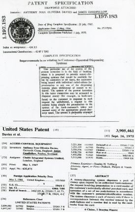 Front page of UK Patent No. 1,197,183. 2 May 1966and US Patent 3,905,461 citing earlier inventors